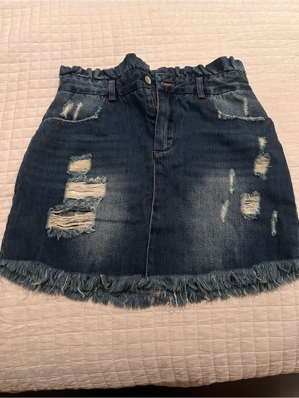 Dark Blue Distressed Denim Mini Skirt with Frayed Hem